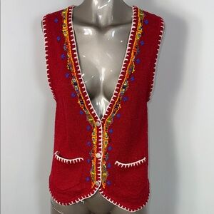 Star Cody Vintage Silk Blend Sweater Vest Medium Red Beading V Neck Button Up
